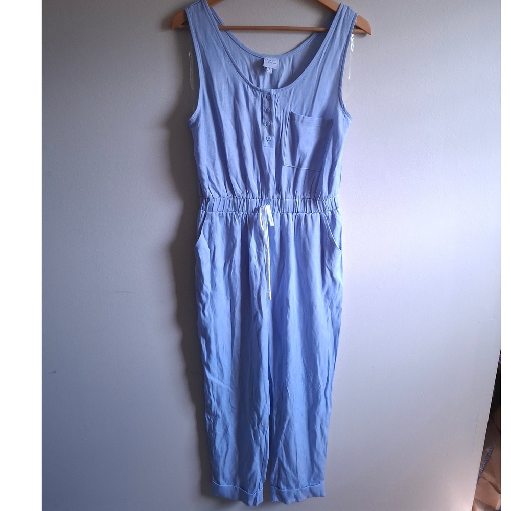 Boho Coastal Casual Blue Tank Jumpsuit Sheen Minimalist Layers Light CozyCo Sz S